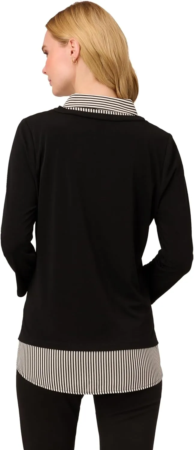 Adrianna Papell Women's Print 3/4 Sleeve Open V-Neck Knit Twofer