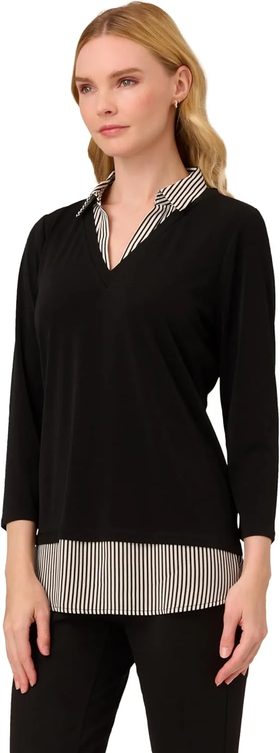 Adrianna Papell Women's Print 3/4 Sleeve Open V-Neck Knit Twofer