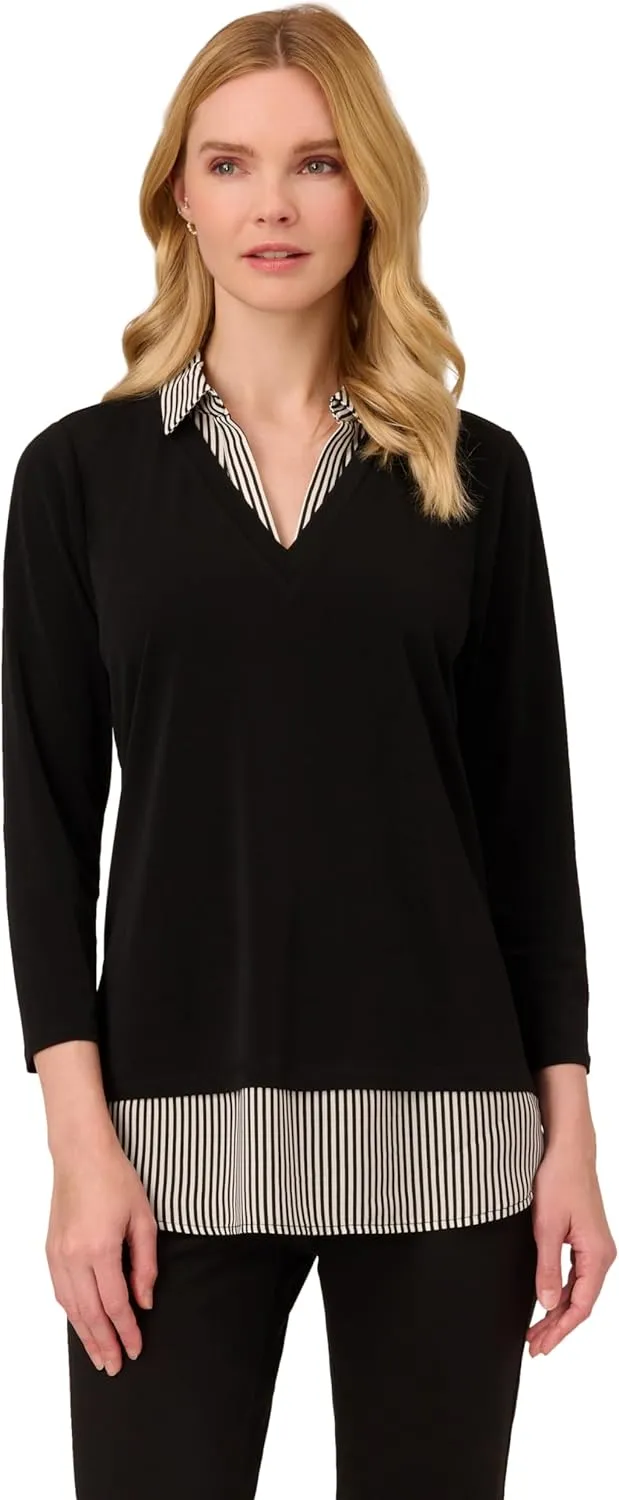 Adrianna Papell Women's Print 3/4 Sleeve Open V-Neck Knit Twofer