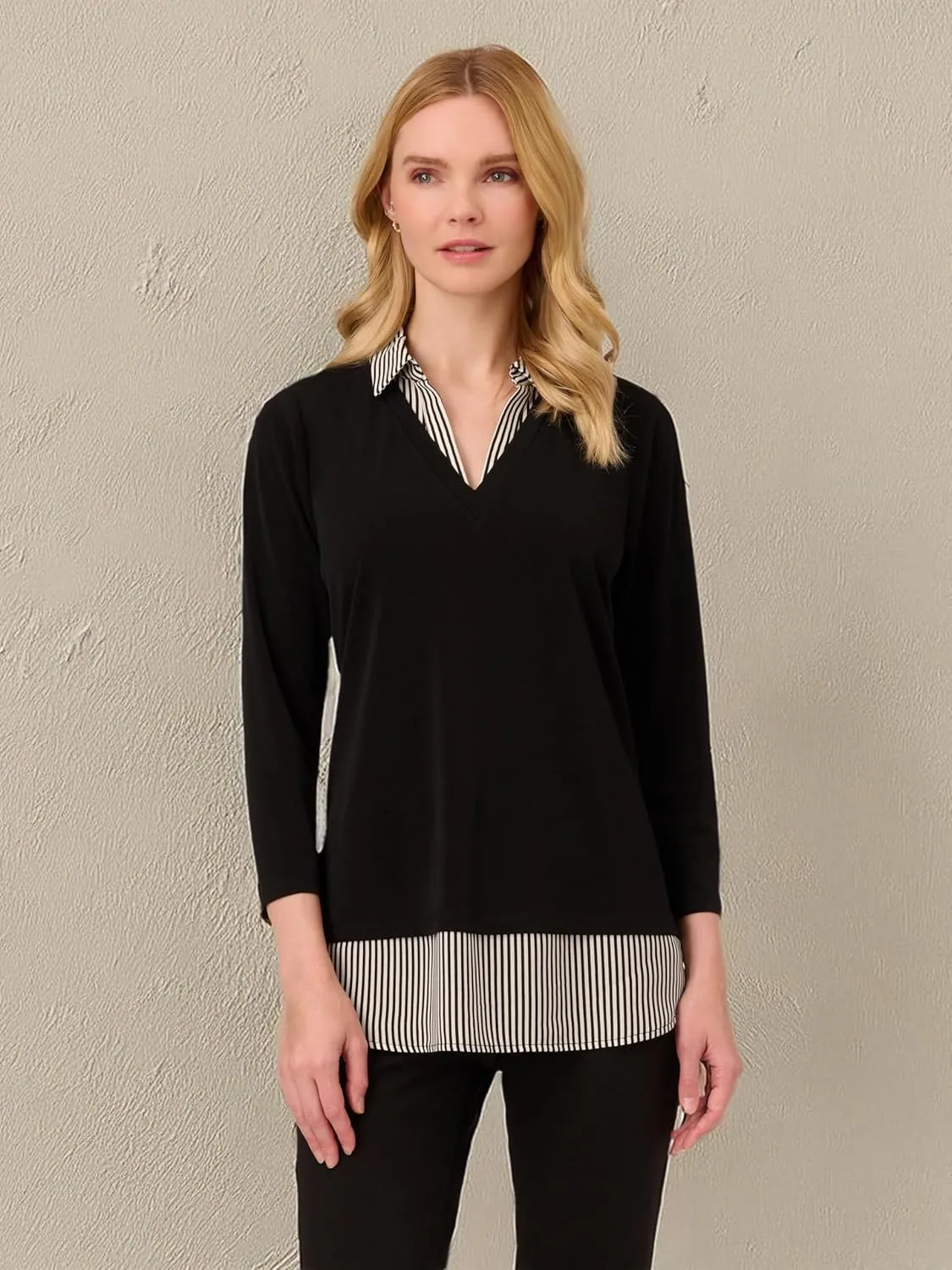 Adrianna Papell Women's Print 3/4 Sleeve Open V-Neck Knit Twofer