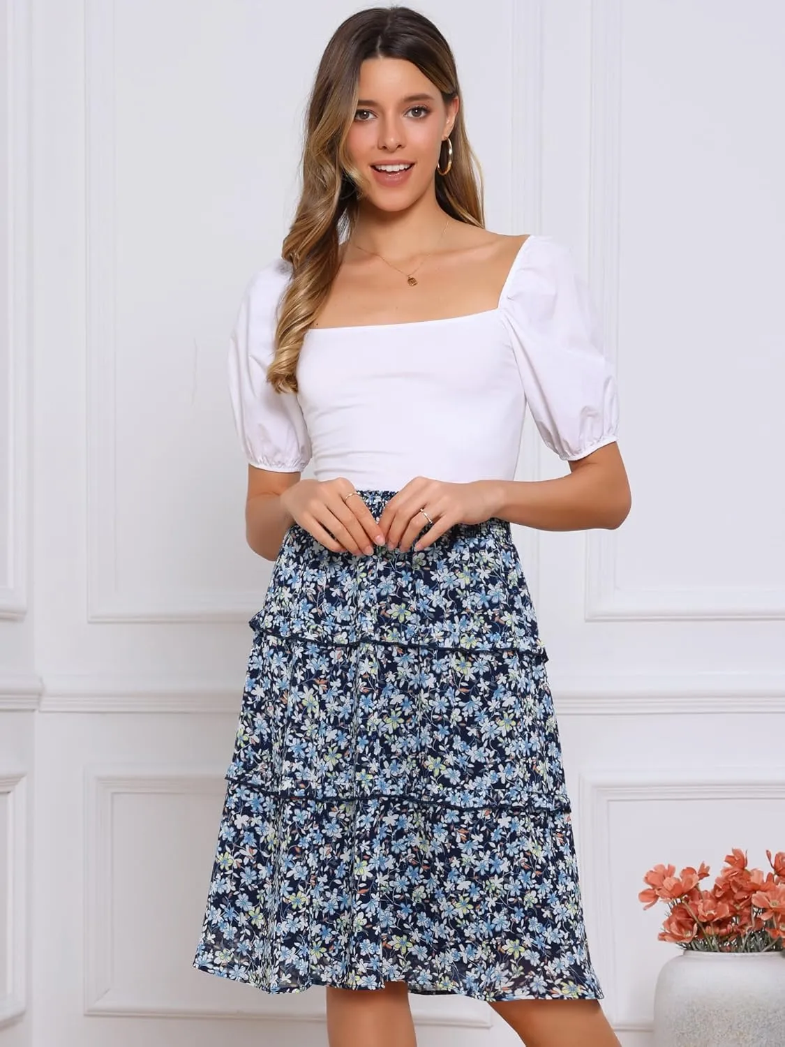 Allegra K Women's Floral Skirts Summer Chiffon Smocked Elastic Waist A-Line Below Knee Length Ruffle Tiered Skirt