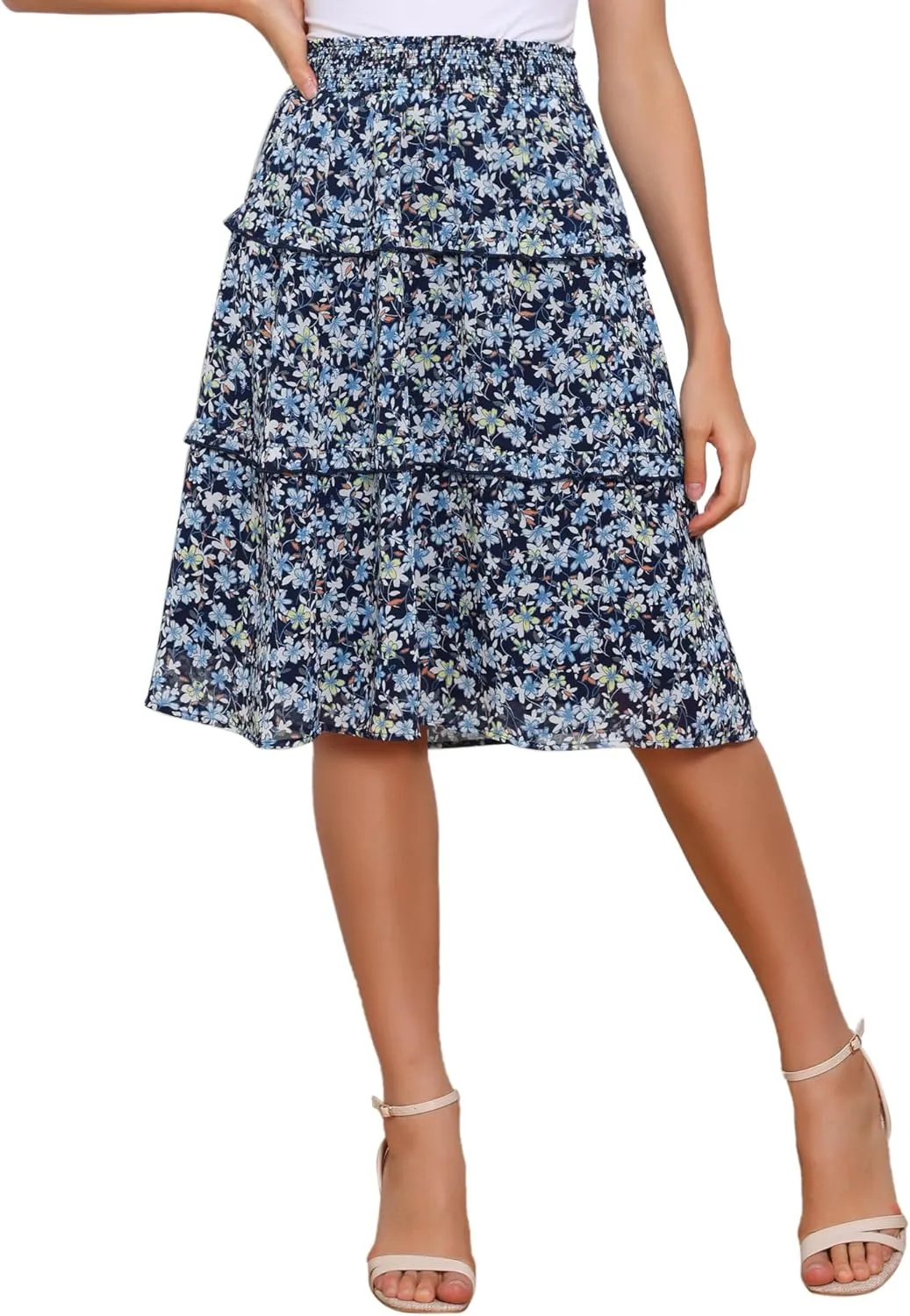 Allegra K Women's Floral Skirts Summer Chiffon Smocked Elastic Waist A-Line Below Knee Length Ruffle Tiered Skirt
