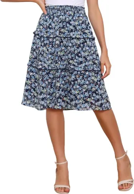 Allegra K Women's Floral Skirts Summer Chiffon Smocked Elastic Waist A-Line Below Knee Length Ruffle Tiered Skirt