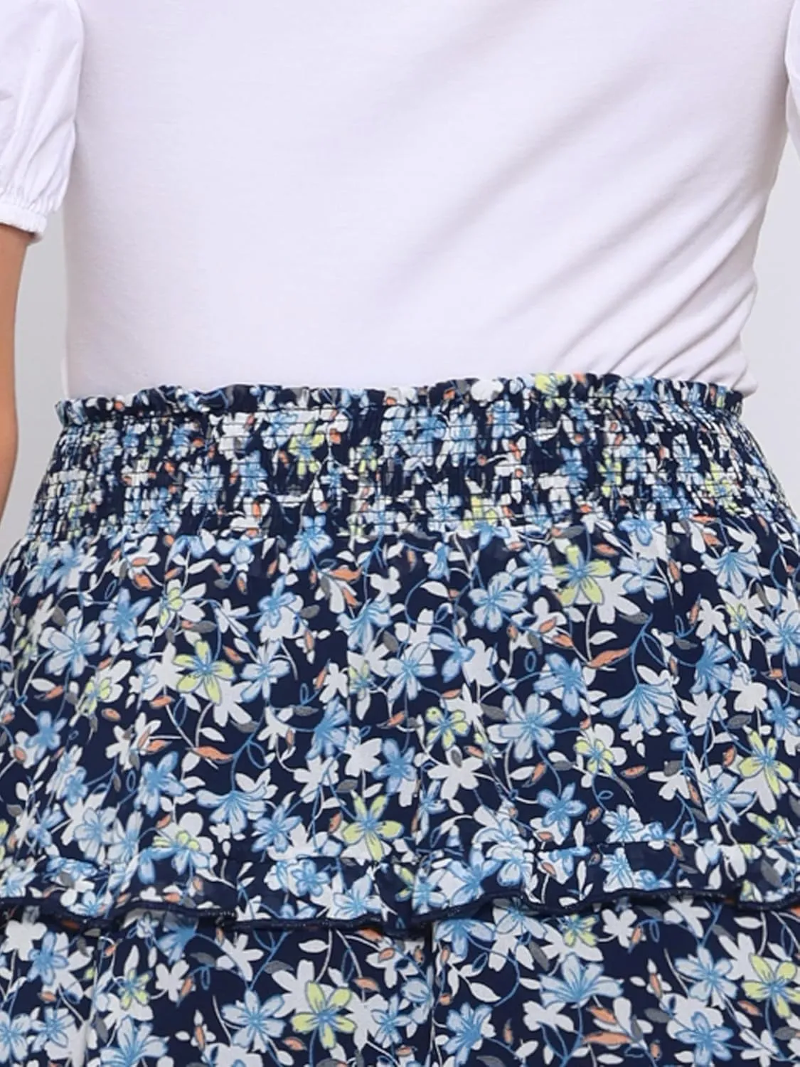 Allegra K Women's Floral Skirts Summer Chiffon Smocked Elastic Waist A-Line Below Knee Length Ruffle Tiered Skirt