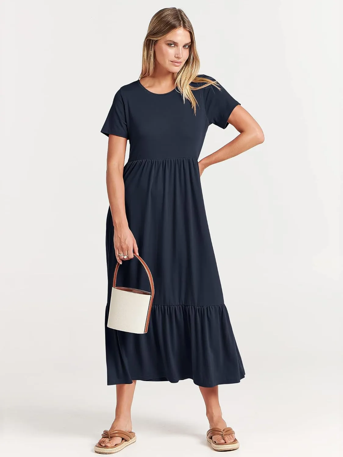 ANRABESS Women Summer Casual Short Sleeve Crewneck Aline Swing Flowy Tiered Shirt Maxi Beach Long Dress 2025 Trendy Outfits
