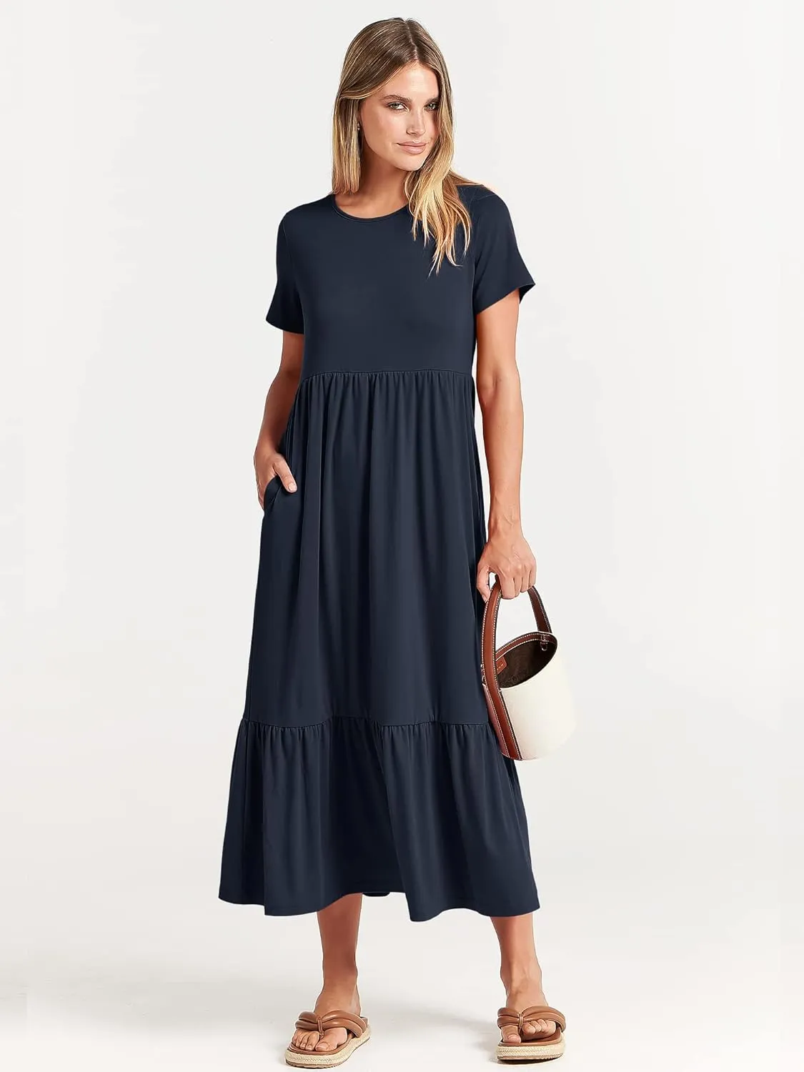 ANRABESS Women Summer Casual Short Sleeve Crewneck Aline Swing Flowy Tiered Shirt Maxi Beach Long Dress 2025 Trendy Outfits