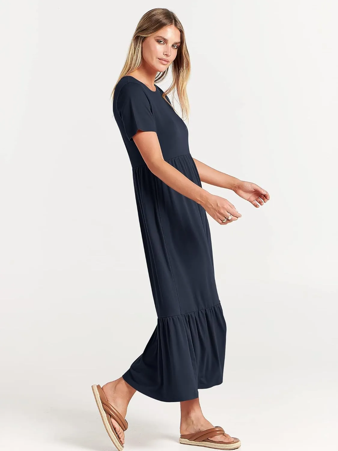 ANRABESS Women Summer Casual Short Sleeve Crewneck Aline Swing Flowy Tiered Shirt Maxi Beach Long Dress 2025 Trendy Outfits