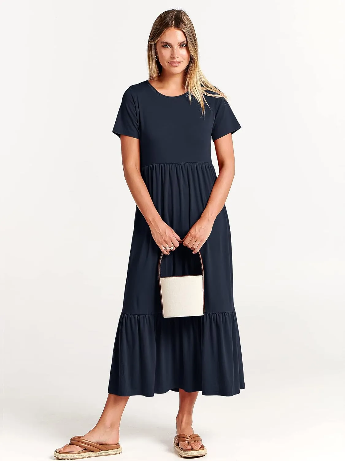 ANRABESS Women Summer Casual Short Sleeve Crewneck Aline Swing Flowy Tiered Shirt Maxi Beach Long Dress 2025 Trendy Outfits