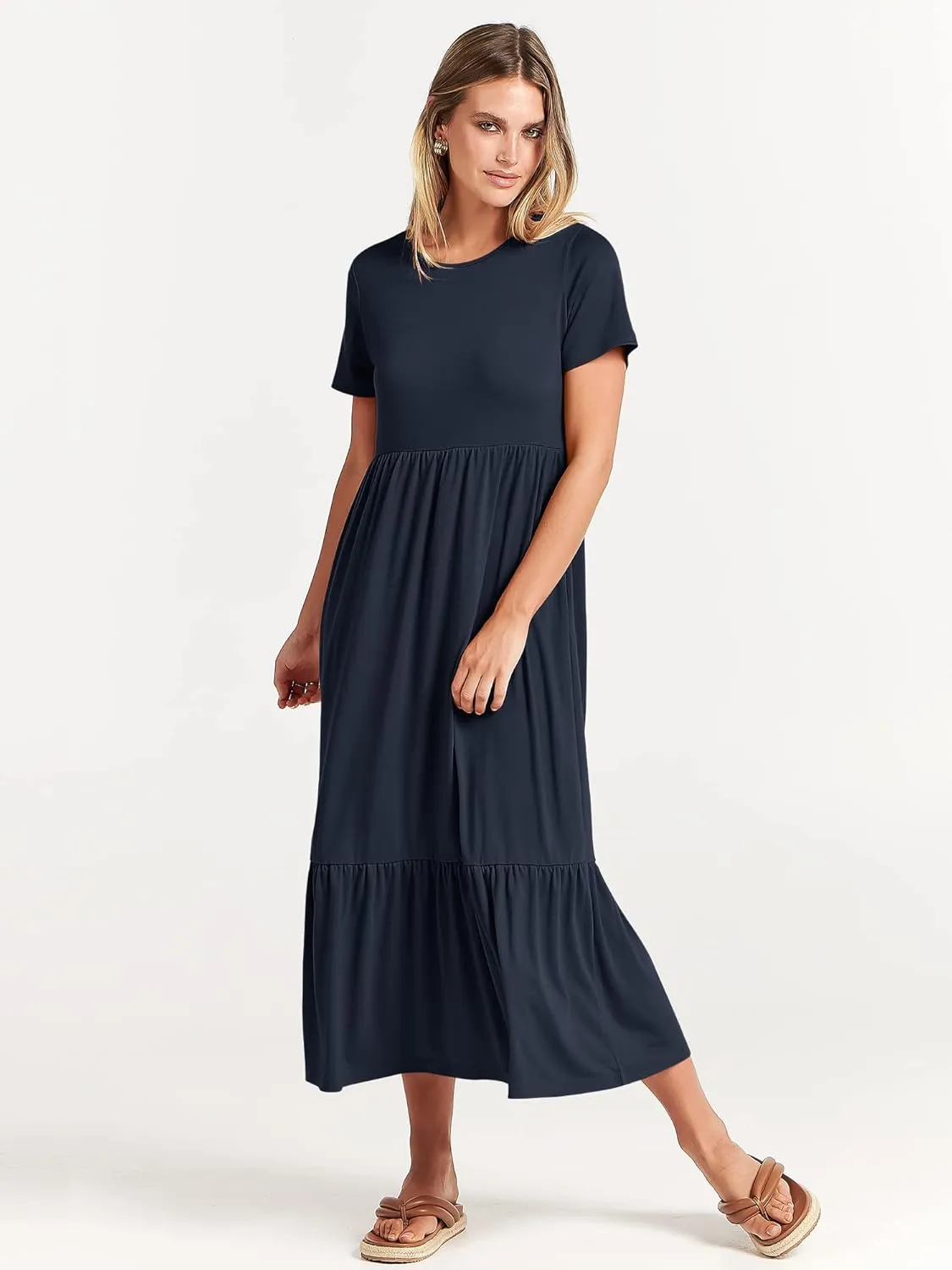 ANRABESS Women Summer Casual Short Sleeve Crewneck Aline Swing Flowy Tiered Shirt Maxi Beach Long Dress 2025 Trendy Outfits