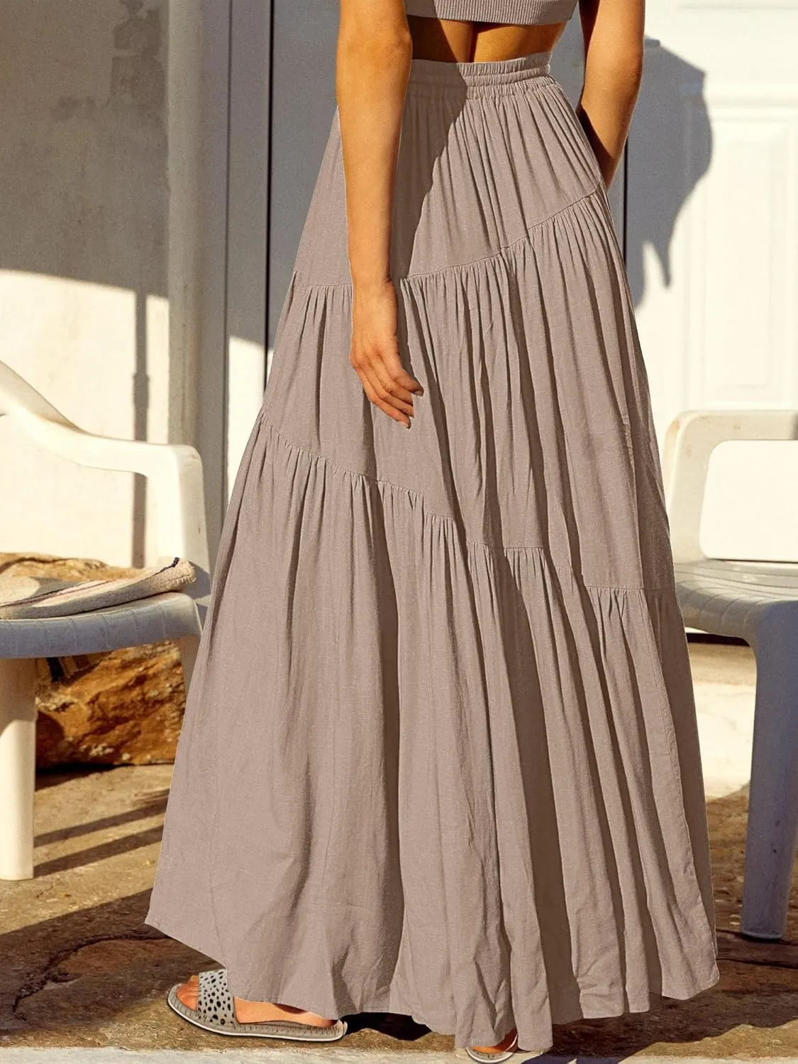 ANRABESS Womens Boho Elastic High Waist Pleated A-Line Flowy Swing Asymmetric Tiered Maxi Long Skirt Dress with Pockets
