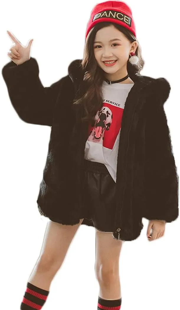 ASHER FASHION Little Big Girls Winter Outfit Hooded Fur Jacket Warm Cotton Fleece Thick Coat Outwear