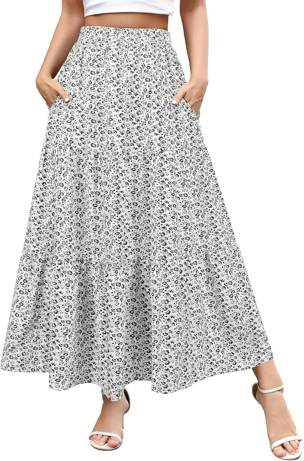 Berydress Long Skirts for Women with Pockets Trendy Elastic High Waist Flowy Swing A Line Ruffle Tiered Maxi Skirt