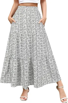Berydress Long Skirts for Women with Pockets Trendy Elastic High Waist Flowy Swing A Line Ruffle Tiered Maxi Skirt