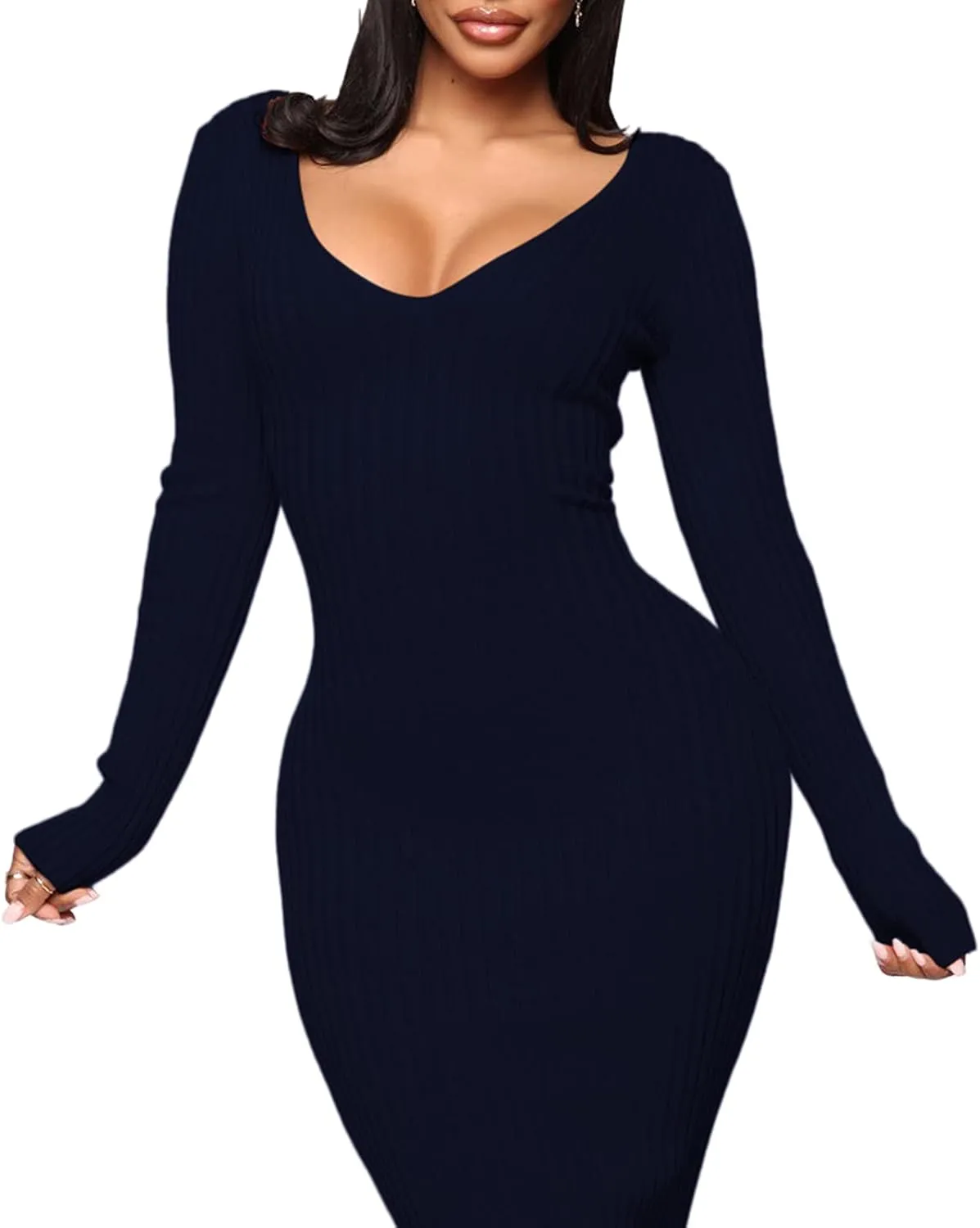 BestGirl Women's Sexy Ribbed Sweater Dresses Bodycon V Neck Off Shoulder Long Sleeve Lightweight Knit Midi Dress