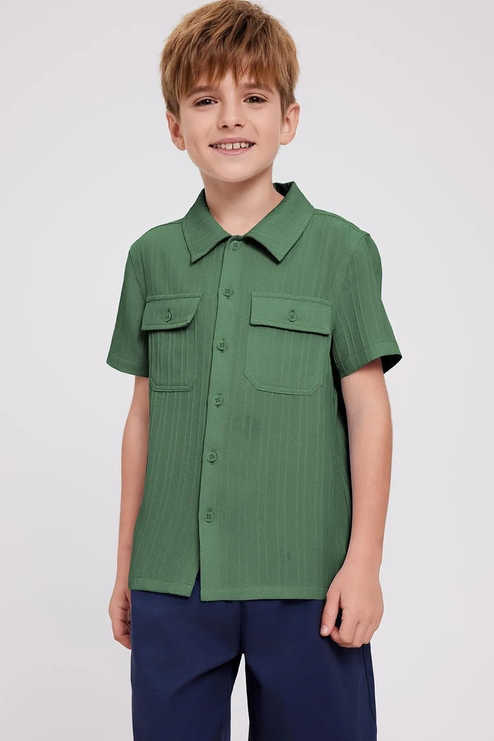 blibean Boys Button-Down Uniform Shirts Semi Formal Dress Tops with Chest Pockets