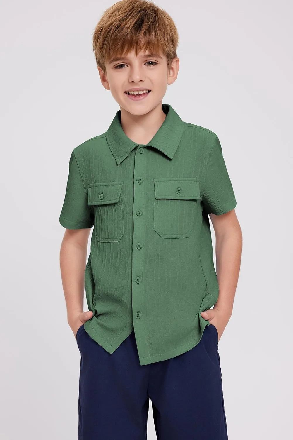 blibean Boys Button-Down Uniform Shirts Semi Formal Dress Tops with Chest Pockets