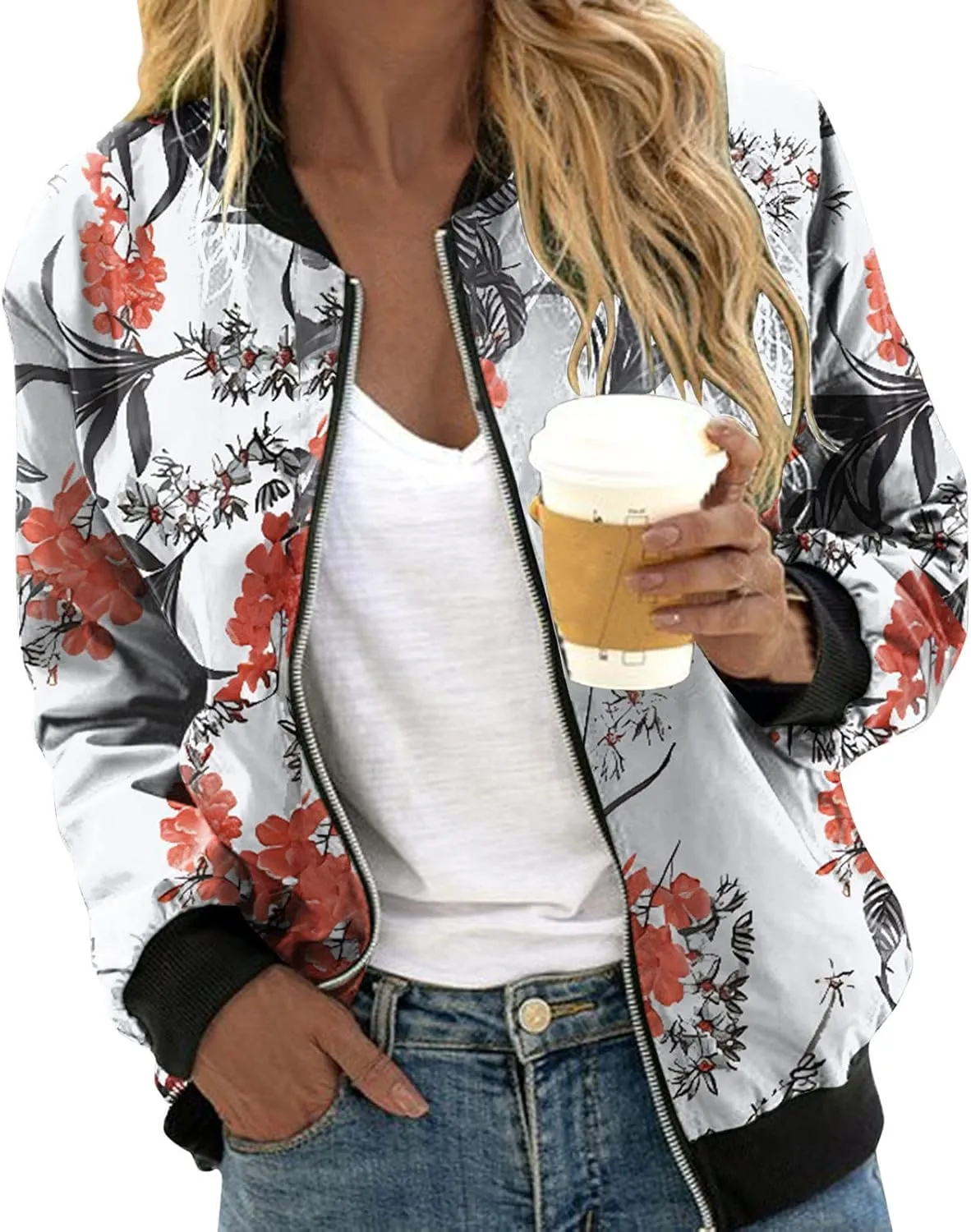 Bomber Jacket Women 2025 Casual Long Sleeve Zip Up Floral Outerwear Lightweight Trendy Fall Coats With Pockets