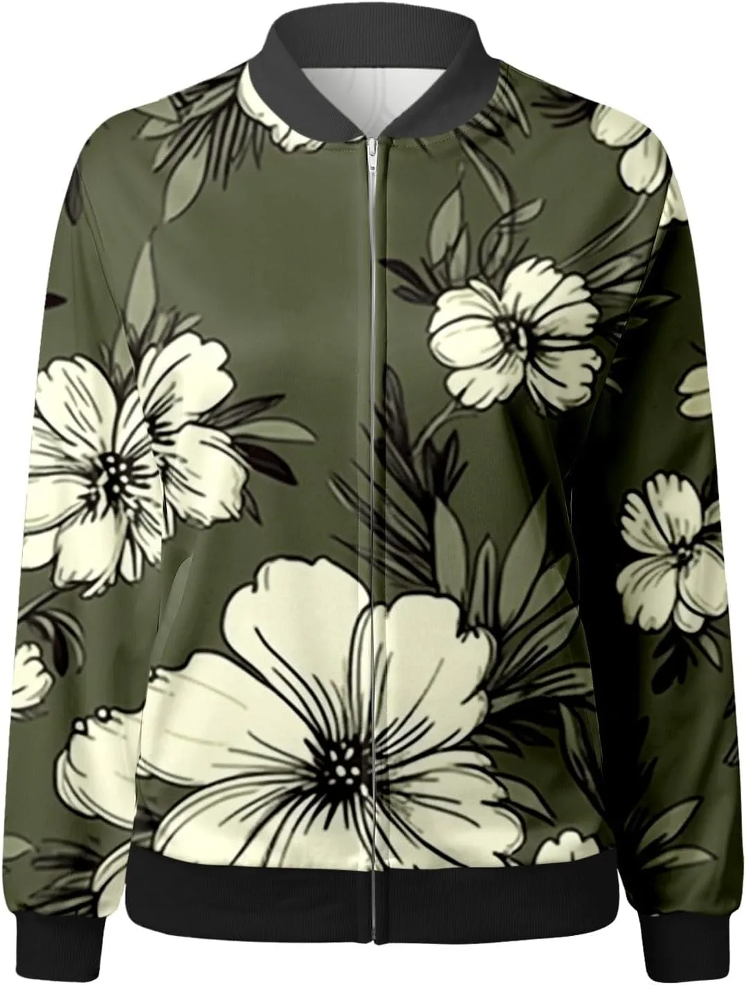 Bomber Jacket Women 2025 Casual Long Sleeve Zip Up Floral Outerwear Lightweight Trendy Fall Coats With Pockets