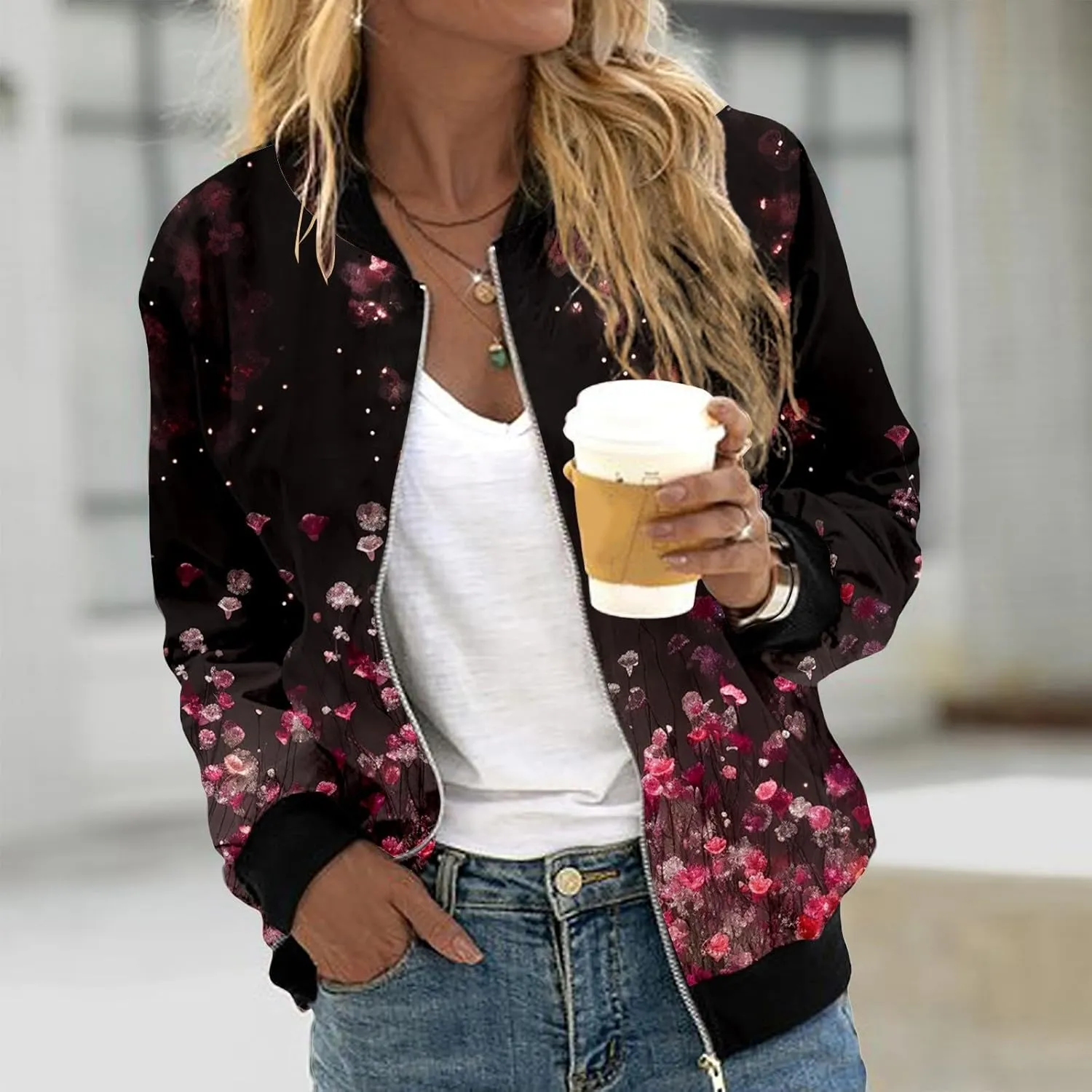 Bomber Jacket Women 2025 Casual Long Sleeve Zip Up Floral Outerwear Lightweight Trendy Fall Coats With Pockets