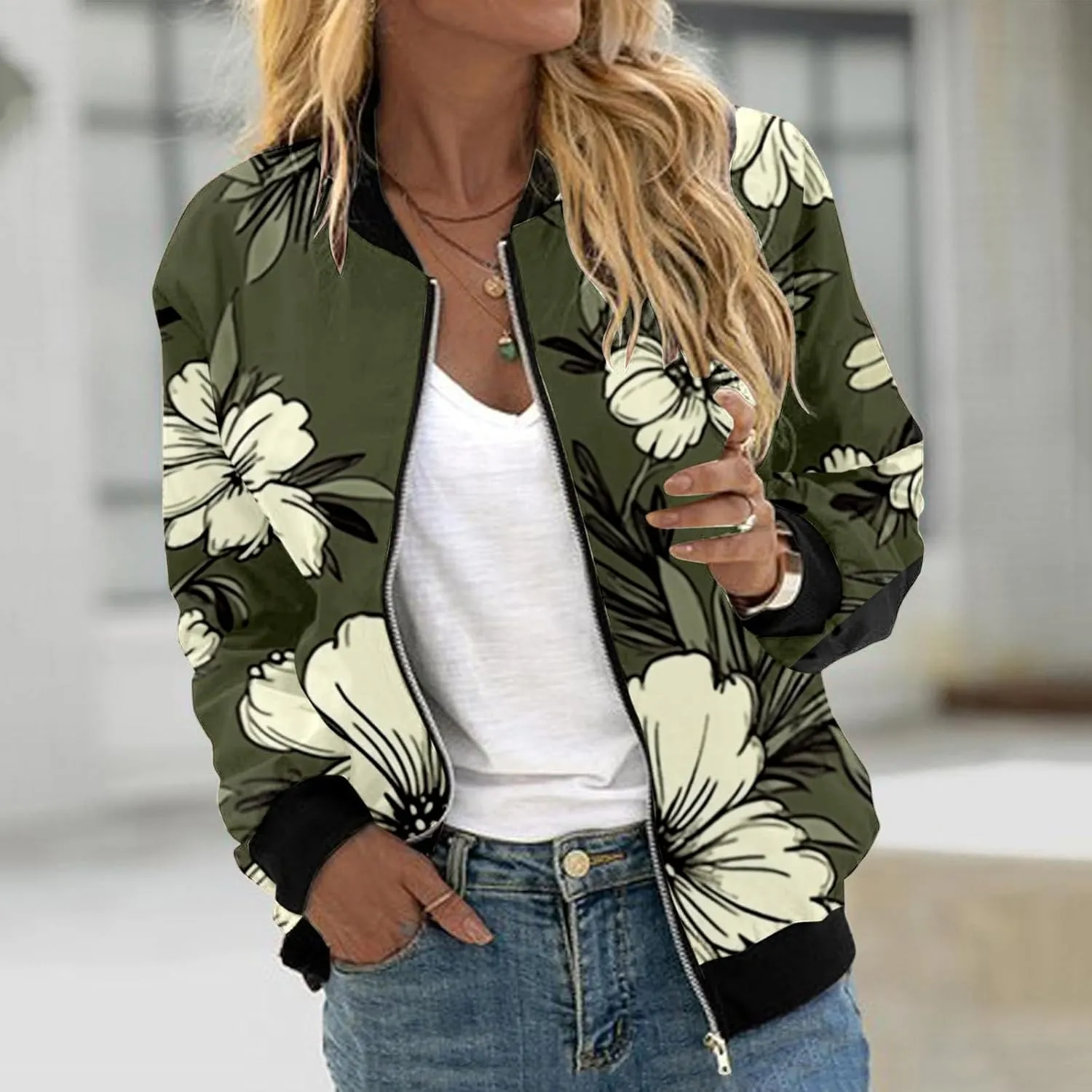 Bomber Jacket Women 2025 Casual Long Sleeve Zip Up Floral Outerwear Lightweight Trendy Fall Coats With Pockets