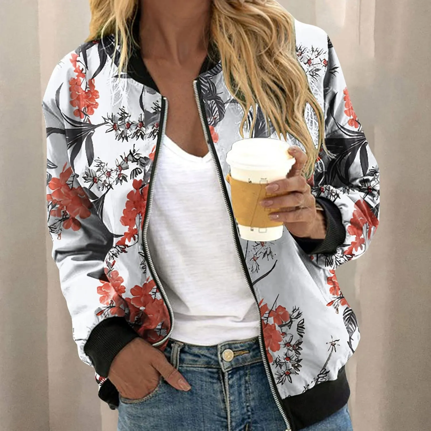 Bomber Jacket Women 2025 Casual Long Sleeve Zip Up Floral Outerwear Lightweight Trendy Fall Coats With Pockets