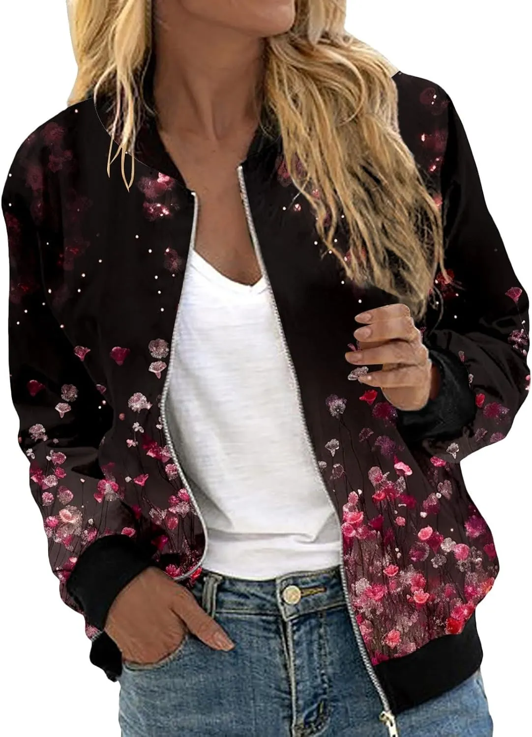 Bomber Jacket Women 2025 Casual Long Sleeve Zip Up Floral Outerwear Lightweight Trendy Fall Coats With Pockets