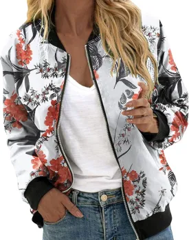 Bomber Jacket Women 2025 Casual Long Sleeve Zip Up Floral Outerwear Lightweight Trendy Fall Coats With Pockets