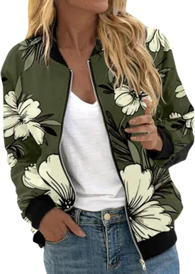 Bomber Jacket Women 2025 Casual Long Sleeve Zip Up Floral Outerwear Lightweight Trendy Fall Coats With Pockets