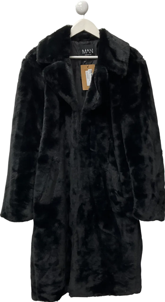 boohooMan Black Faux Fur Overcoat UK M