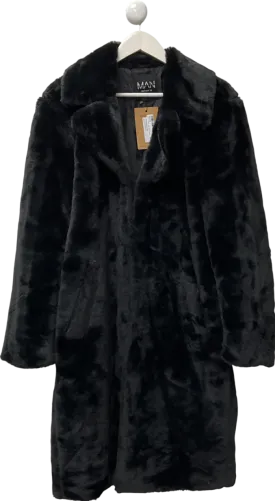 boohooMan Black Faux Fur Overcoat UK M