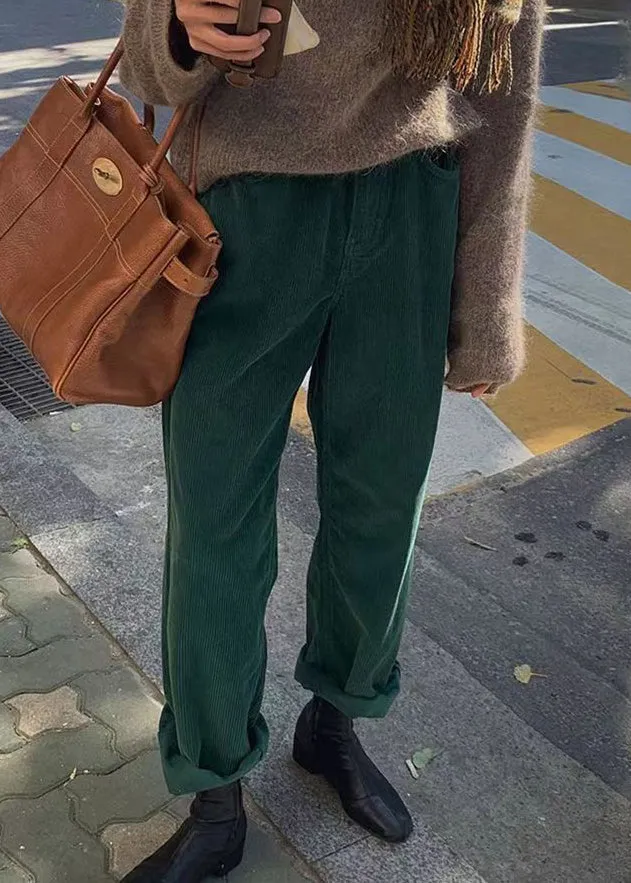 Casual Green Pockets Corduroy Straight Pants Fall ML2557