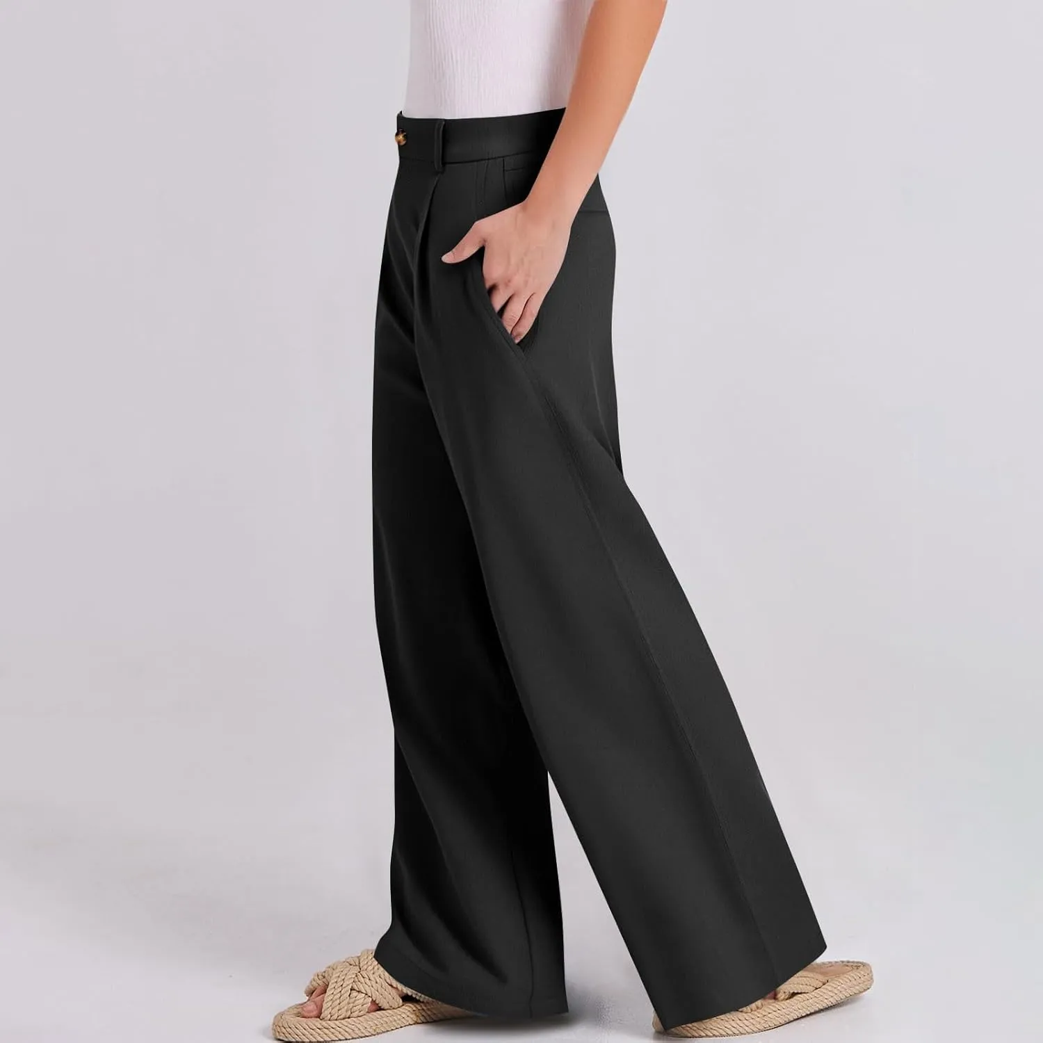 Casual Suit Pants for Women Button Stretch High Waisted Pant Dressy Baggy Solid Color Straight Leg Trousers for Work