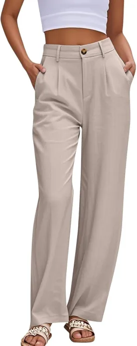 Casual Suit Pants for Women Button Stretch High Waisted Pant Dressy Baggy Solid Color Straight Leg Trousers for Work