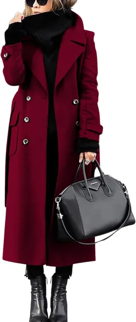 chouyatou Women's Winter Double Breasted Wool Coat Business Casual Long Winter Pea Coat with Belt
