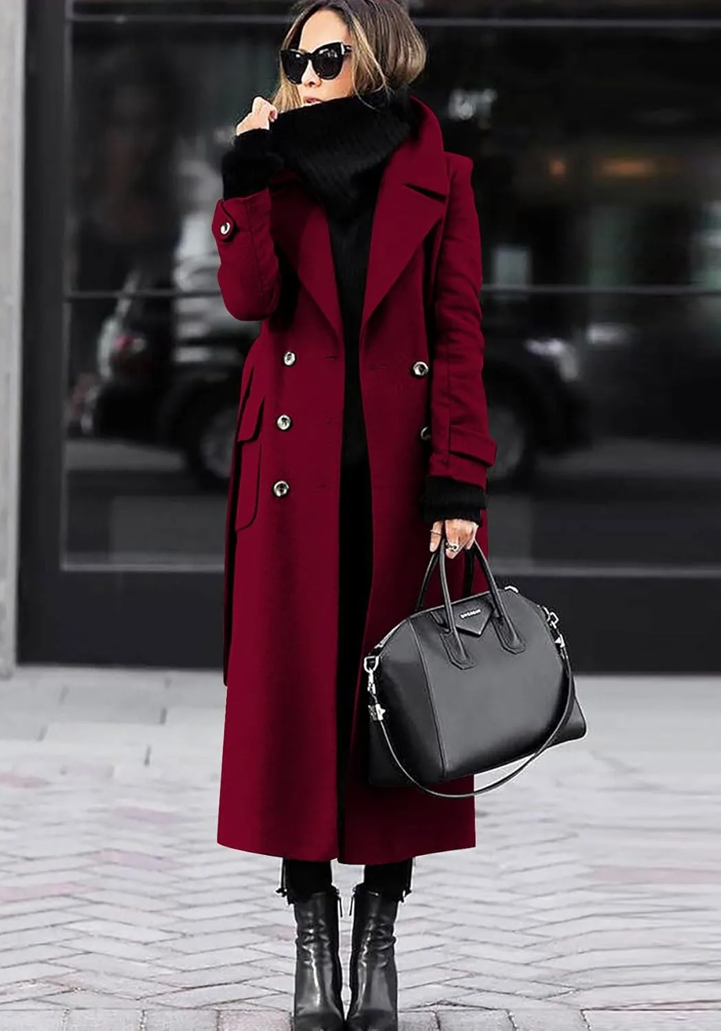 chouyatou Women's Winter Double Breasted Wool Coat Business Casual Long Winter Pea Coat with Belt