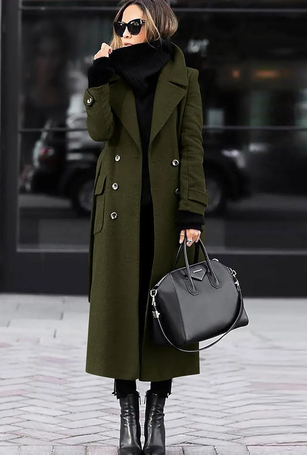chouyatou Women's Winter Double Breasted Wool Coat Business Casual Long Winter Pea Coat with Belt
