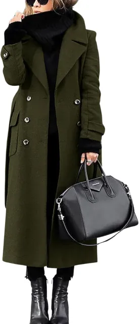 chouyatou Women's Winter Double Breasted Wool Coat Business Casual Long Winter Pea Coat with Belt