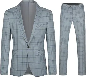 Cloudstyle Mens 2 PCS Plaid Suits Slim Formal Suit Checkered Blazer Jacket Pants