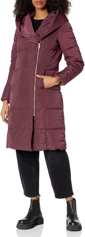 Cole Haan Women's Long Size Zip Hooded Quilted Down Coat