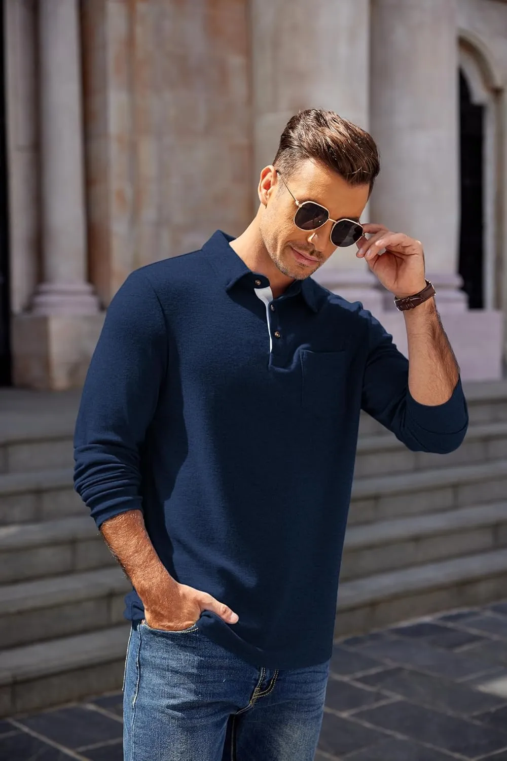 COOFANDY Men's Long Sleeve Polo Shirt Casual Dress Button Polo T Shirt with Pocket Basic Lightweight Collared Golf Shirt