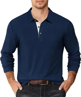 COOFANDY Men's Long Sleeve Polo Shirt Casual Dress Button Polo T Shirt with Pocket Basic Lightweight Collared Golf Shirt