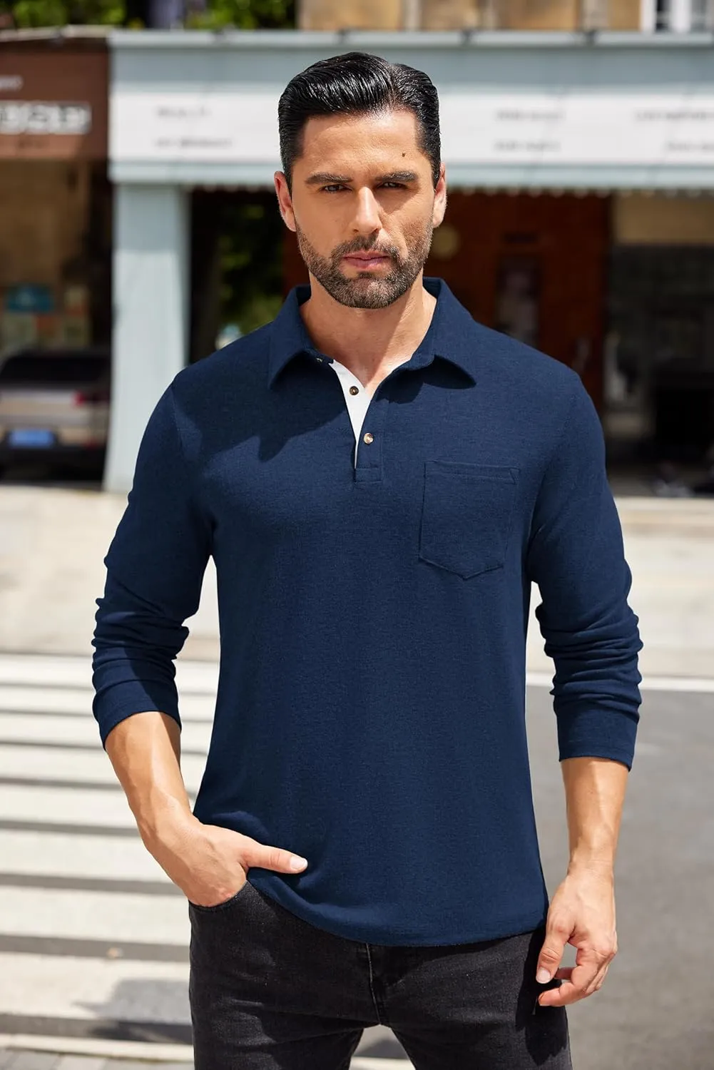 COOFANDY Men's Long Sleeve Polo Shirt Casual Dress Button Polo T Shirt with Pocket Basic Lightweight Collared Golf Shirt