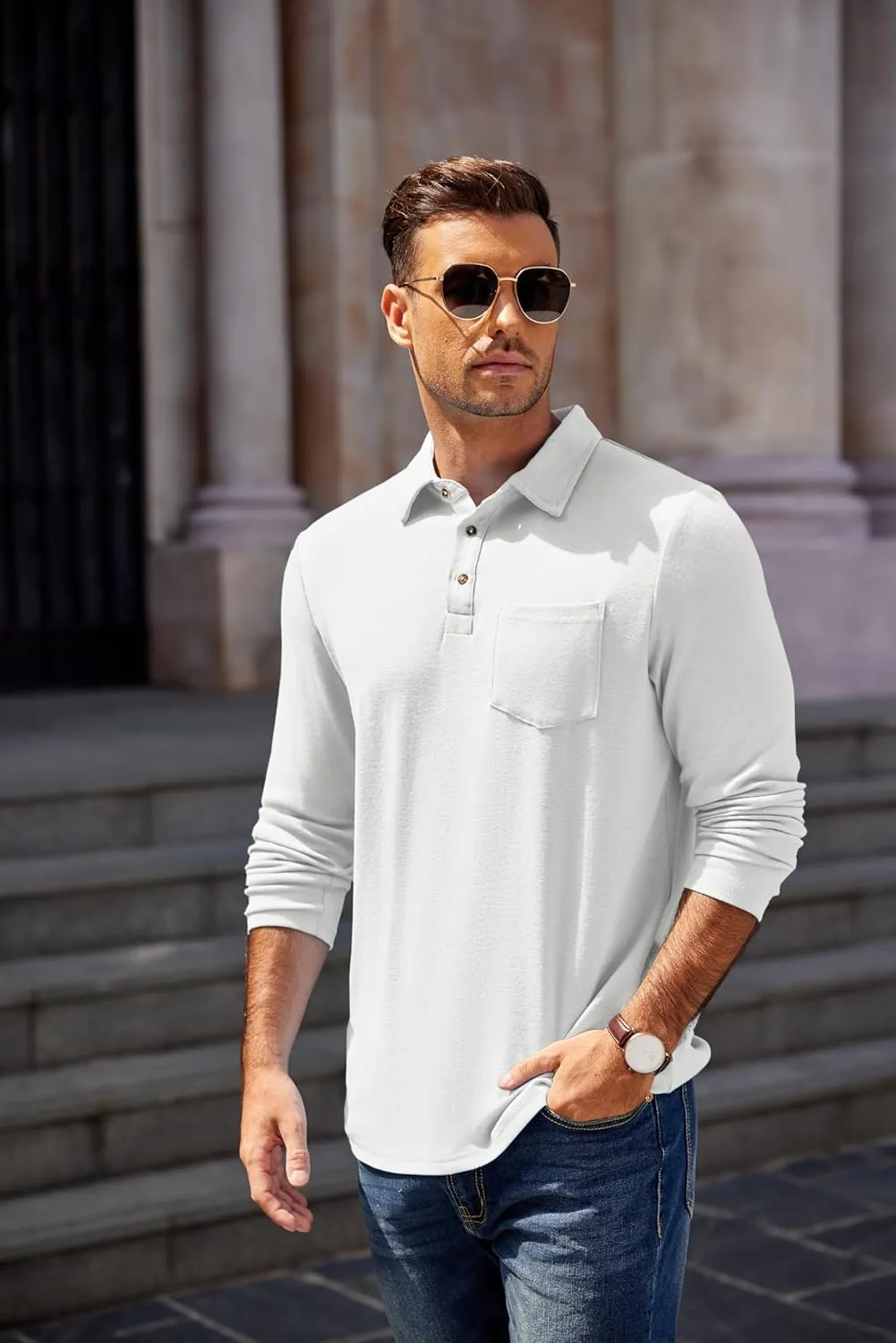 COOFANDY Men's Long Sleeve Polo Shirt Casual Dress Button Polo T Shirt with Pocket Basic Lightweight Collared Golf Shirt