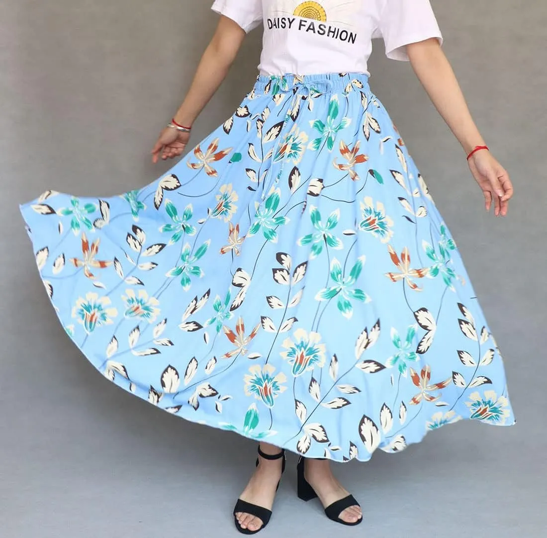 Coolwife Womens High Waist Skirts Midi Swing Pockets Elastic Waist A Line Boho Floral Print Skirt