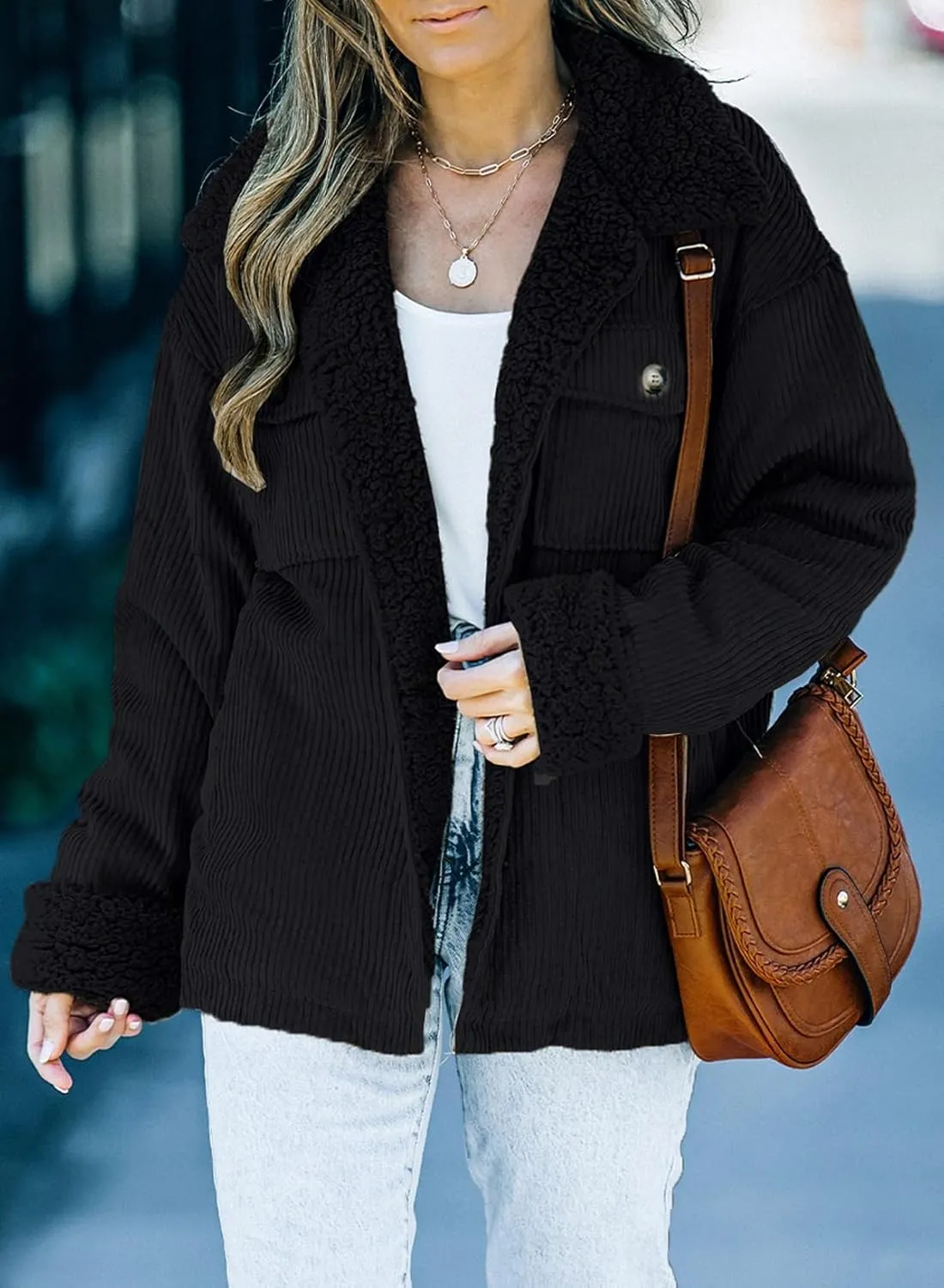 Dokotoo Corduroy Sherpa Jacket for Women Button Down Fleece Fur Collar Winter Warm Coat