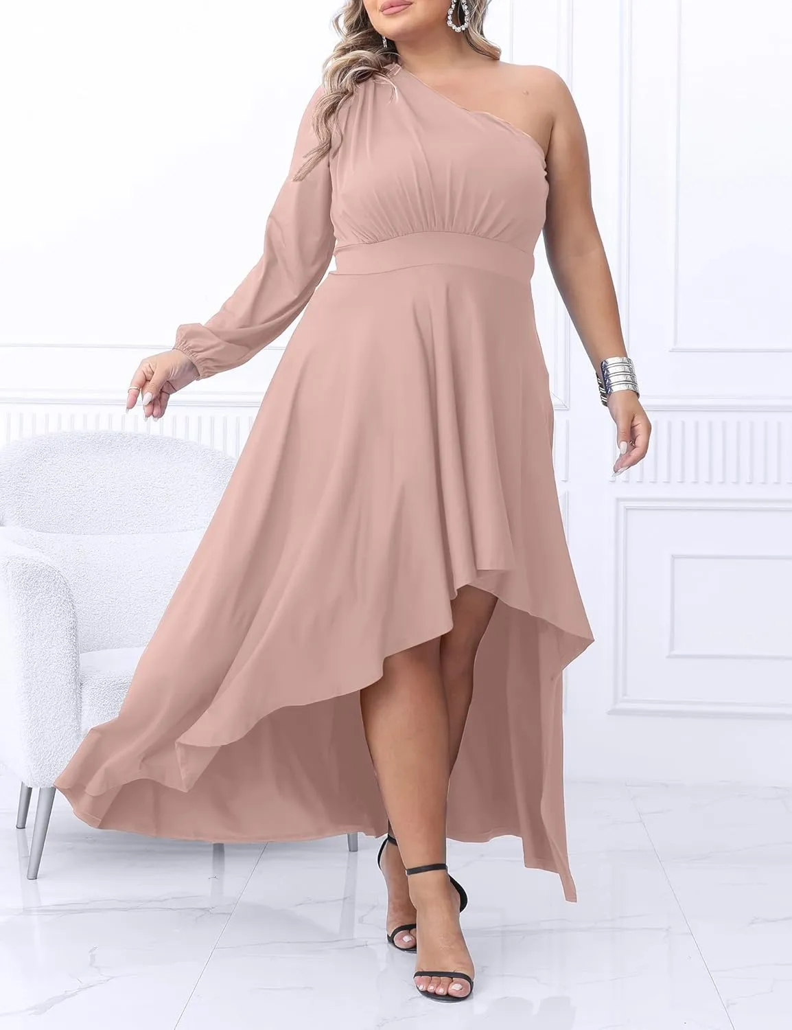 Ekaliy Women's Plus Size One Shoulder Maxi Dress Long Sleeve High Low Irregular Hem Flowy Long Party Cocktail Dress