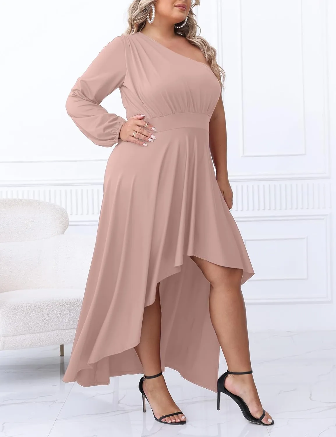Ekaliy Women's Plus Size One Shoulder Maxi Dress Long Sleeve High Low Irregular Hem Flowy Long Party Cocktail Dress