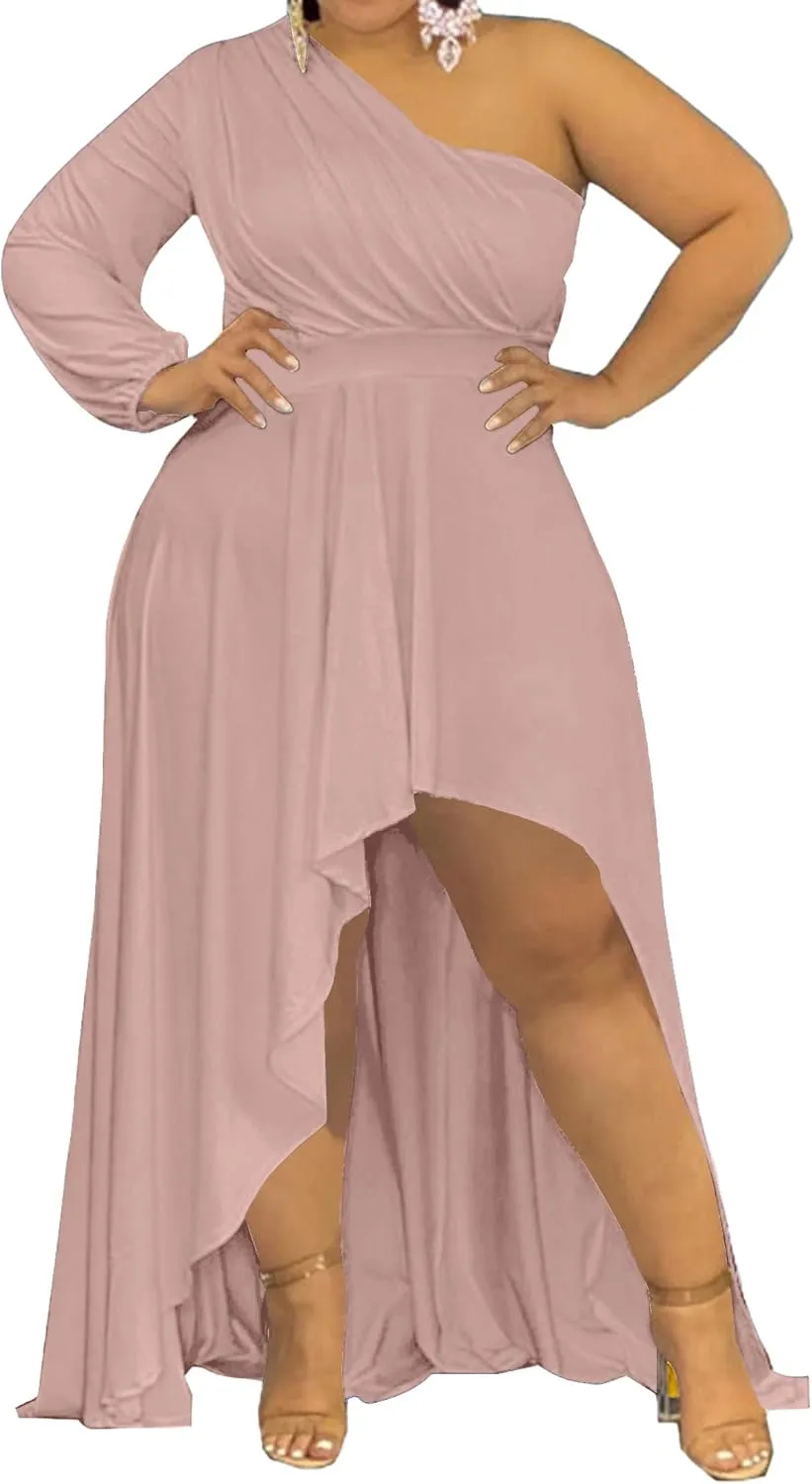 Ekaliy Women's Plus Size One Shoulder Maxi Dress Long Sleeve High Low Irregular Hem Flowy Long Party Cocktail Dress