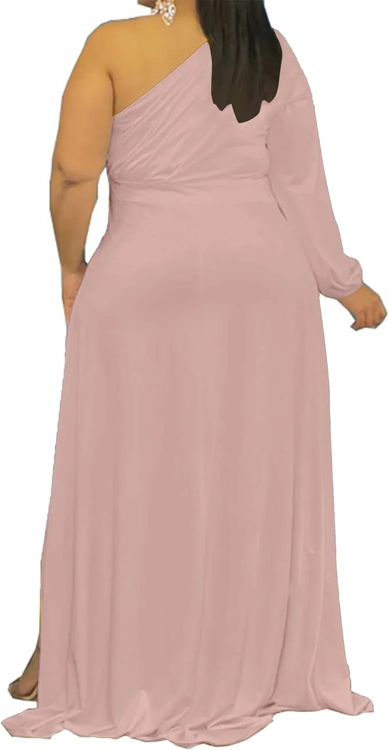 Ekaliy Women's Plus Size One Shoulder Maxi Dress Long Sleeve High Low Irregular Hem Flowy Long Party Cocktail Dress