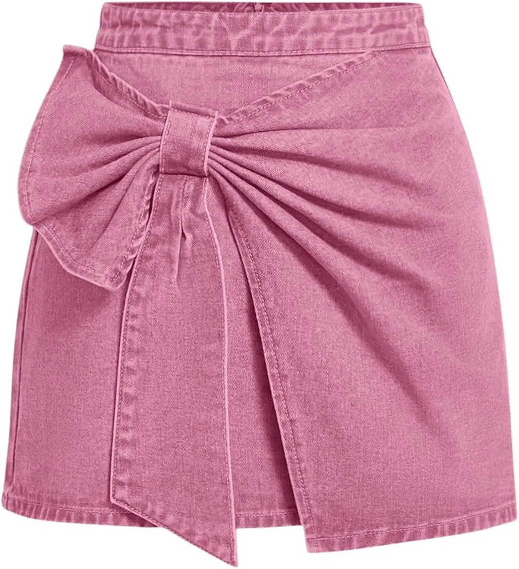 Floerns Women's Plus Size High Waist Denim Skirt Wrap Front Bow Bodycon Mini Skirt